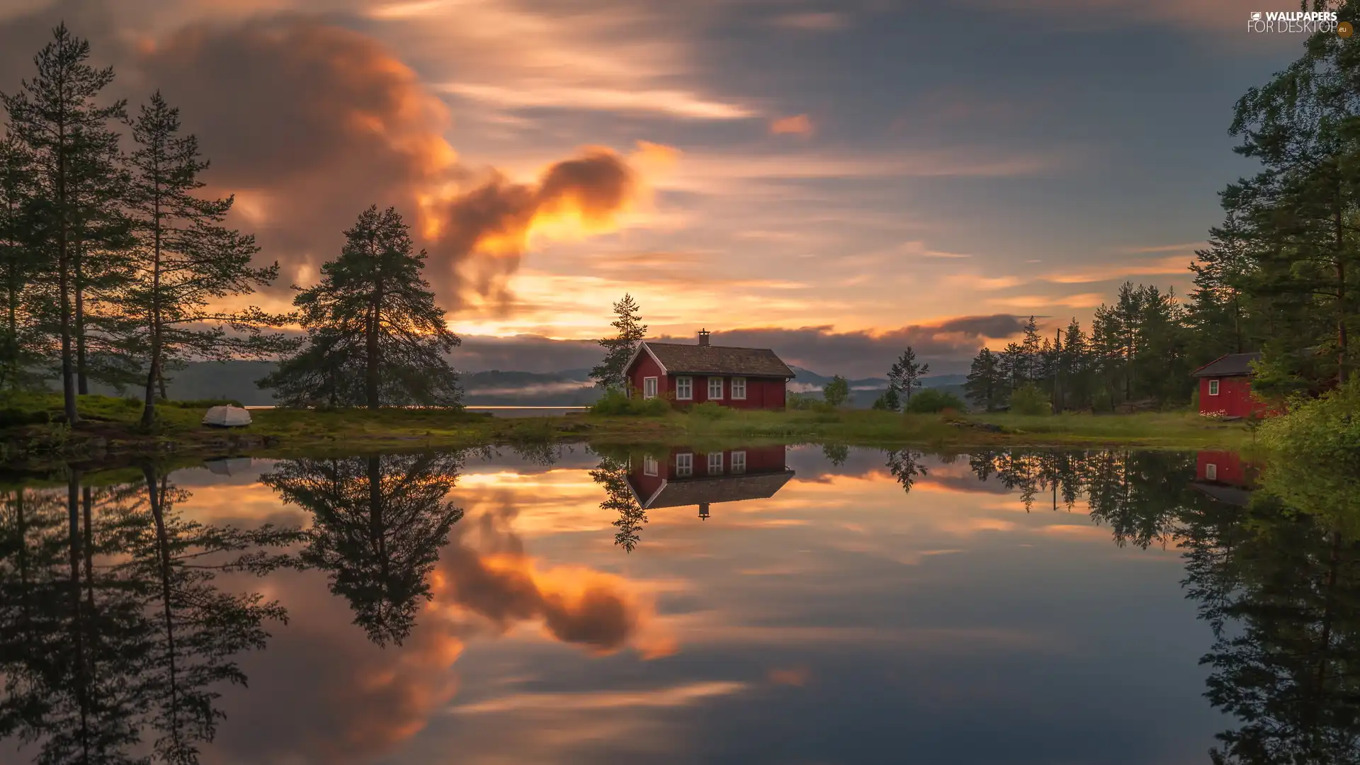 Vaeleren Lake, Great Sunsets, clouds, house, Ringerike Municipality, Norway, viewes, reflection, trees