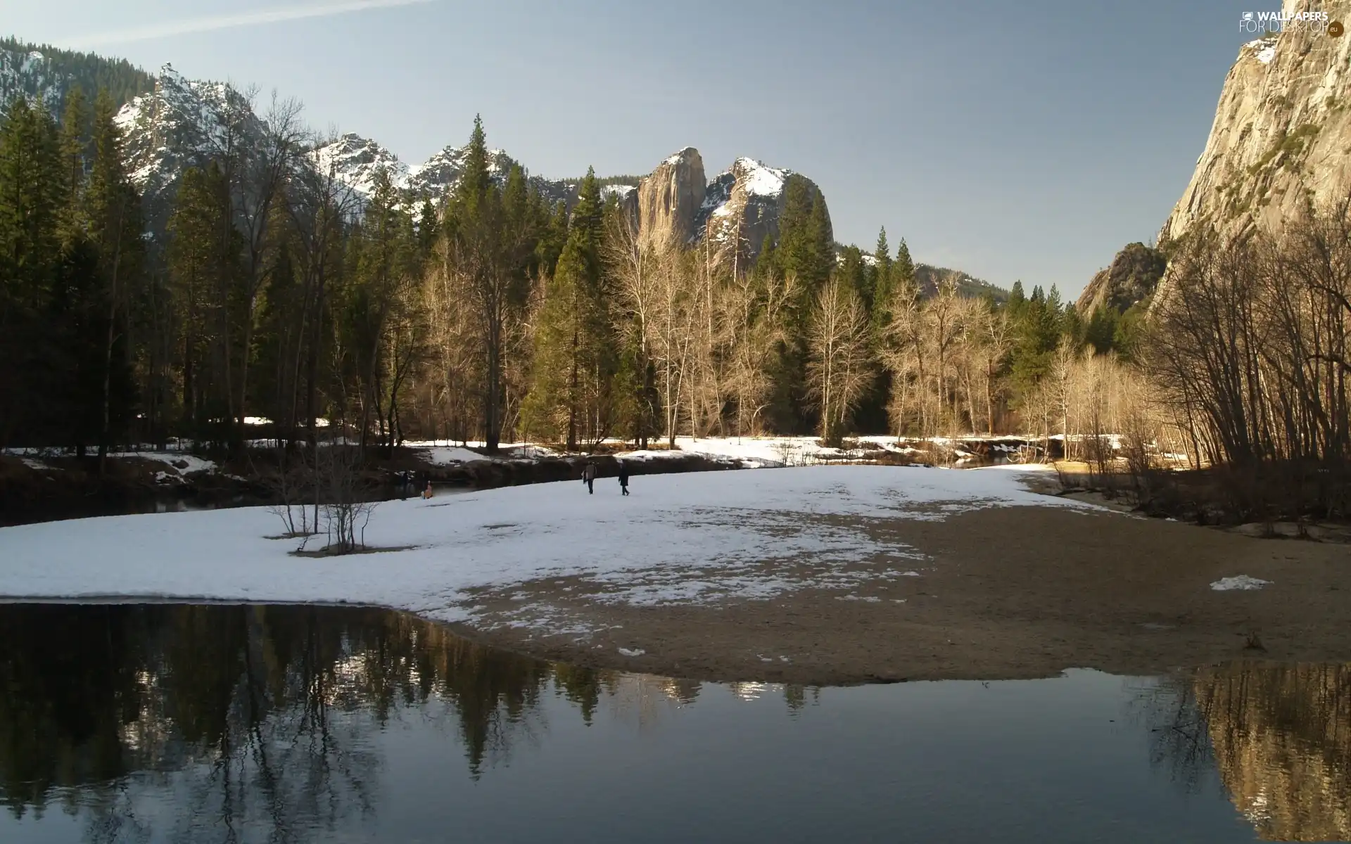 Mountains, end, viewes, River, trees, Winters