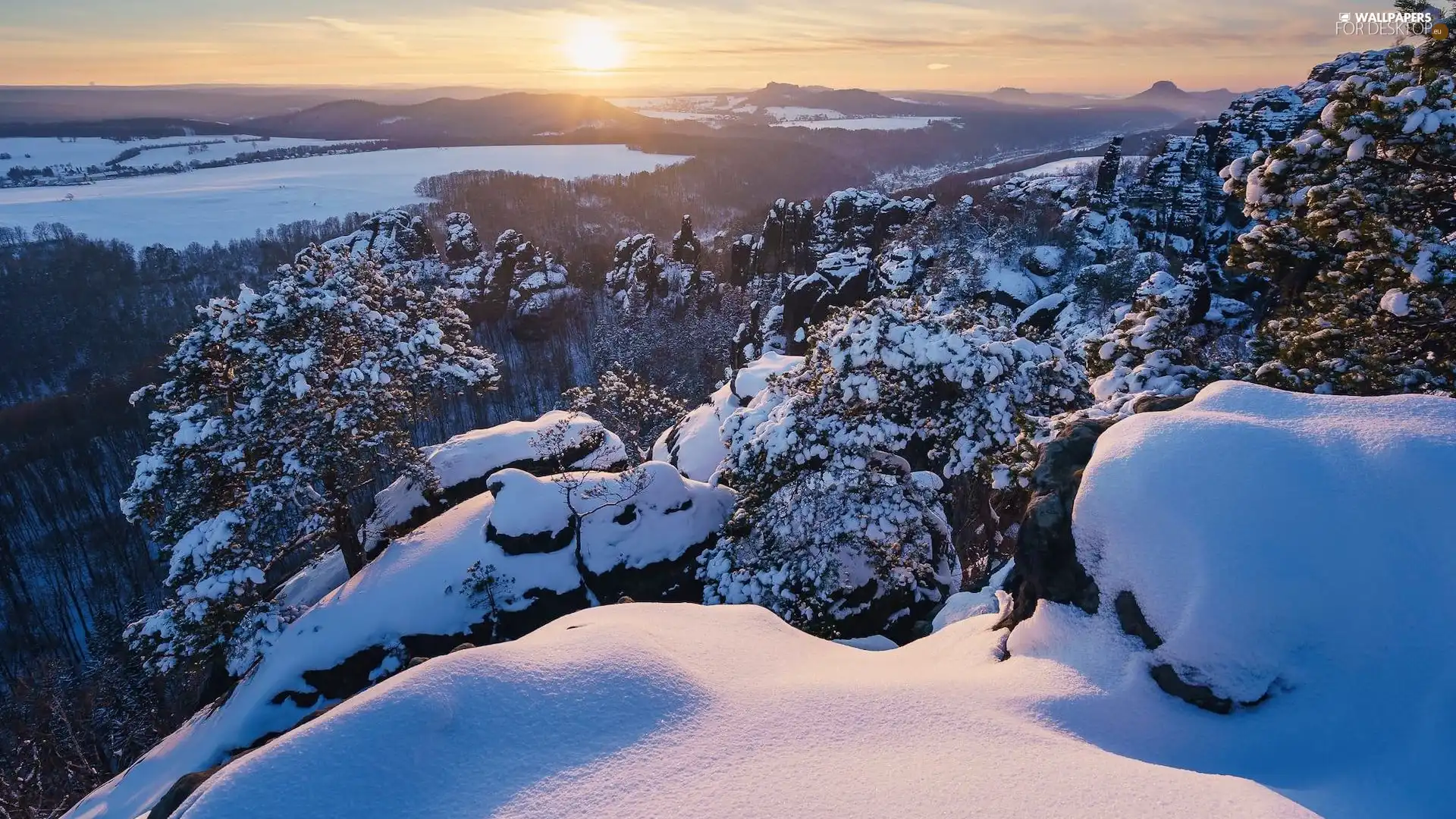 rocks, Saxon Switzerland National Park, Děčínská vrchovina, trees, snow, Germany, rays of the Sun, winter, viewes