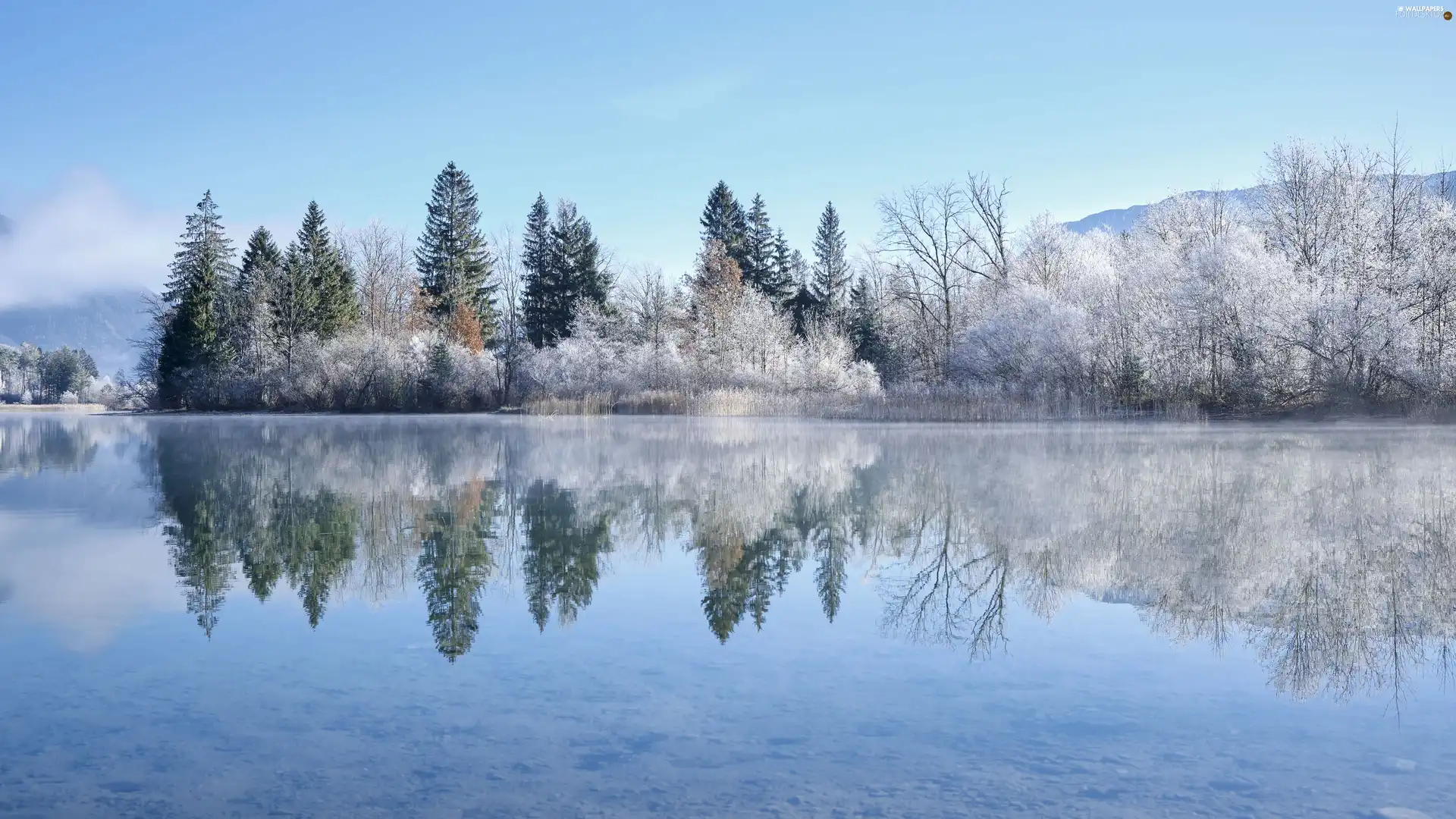 snow, trees, winter, viewes, lake, reflection, Mountains