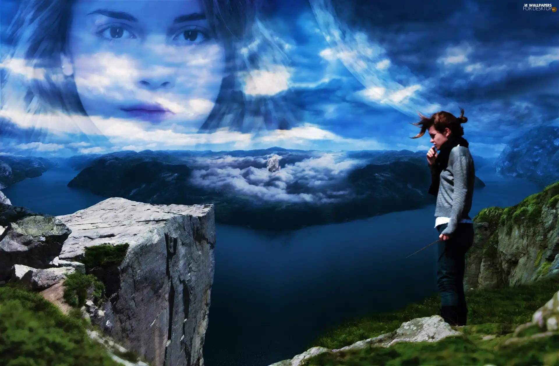 Emma Watson, clouds, water, Mountains