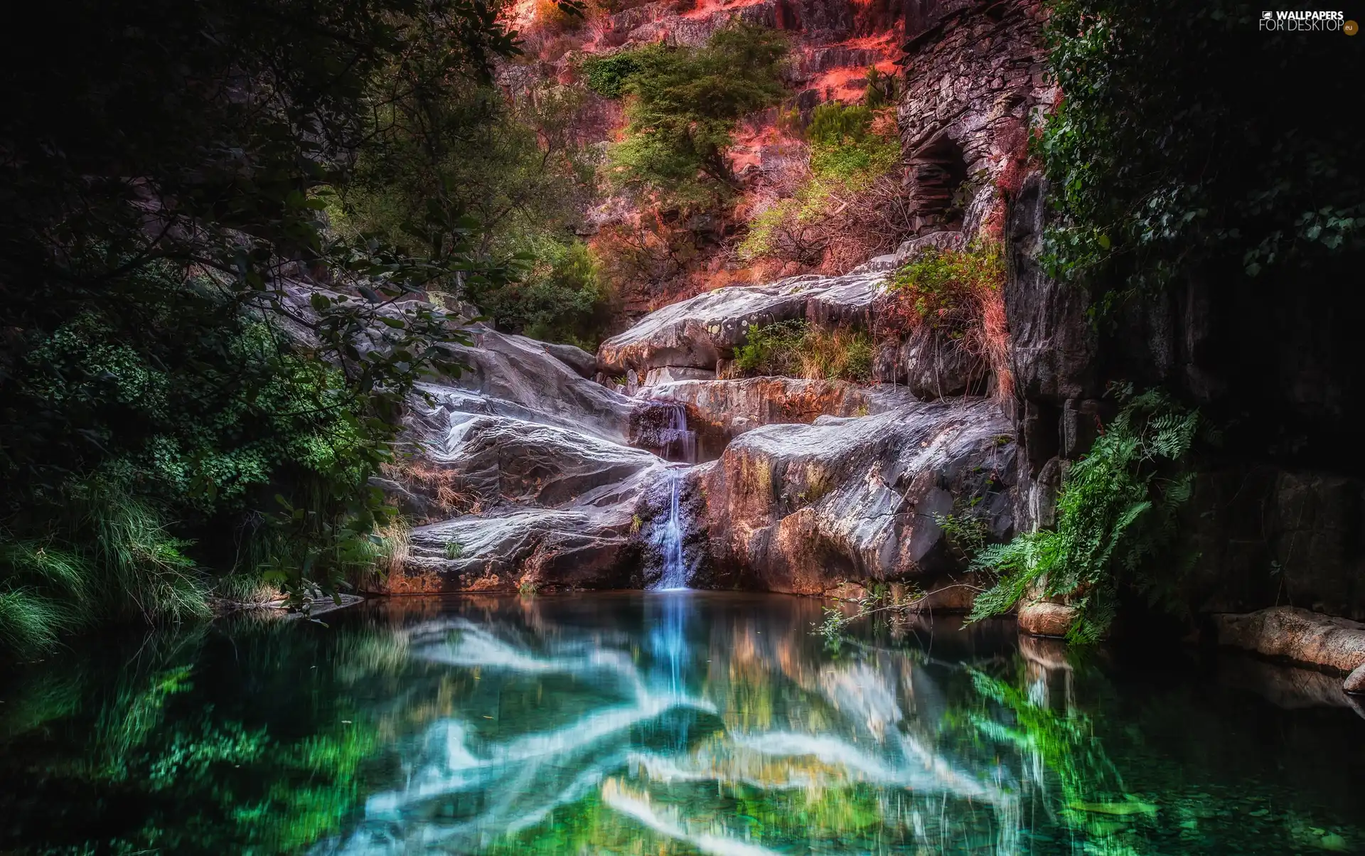 waterfall, reflection, viewes, rocks, trees