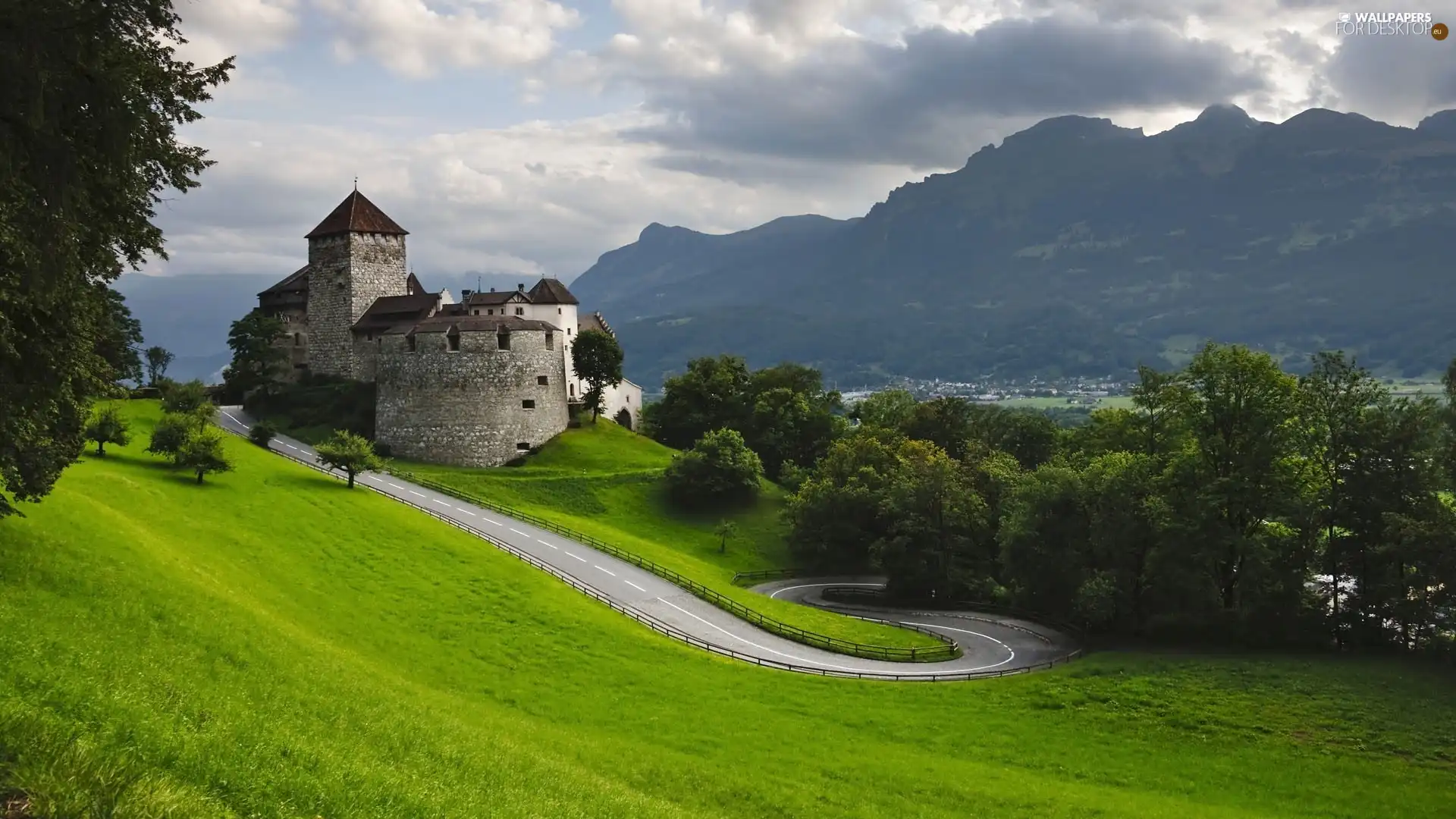 Mountains, Vaduz, trees, Liechtenstein, Castle, Way, viewes