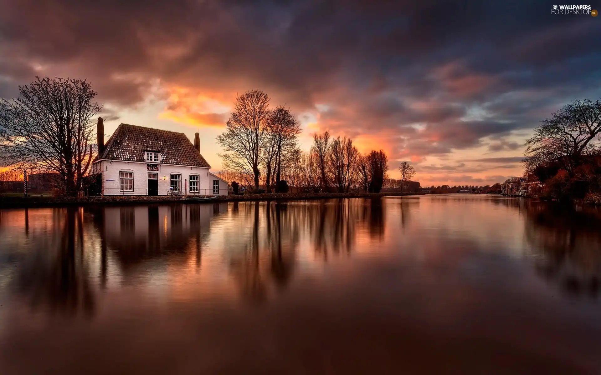 viewes, River, west, sun, house, trees