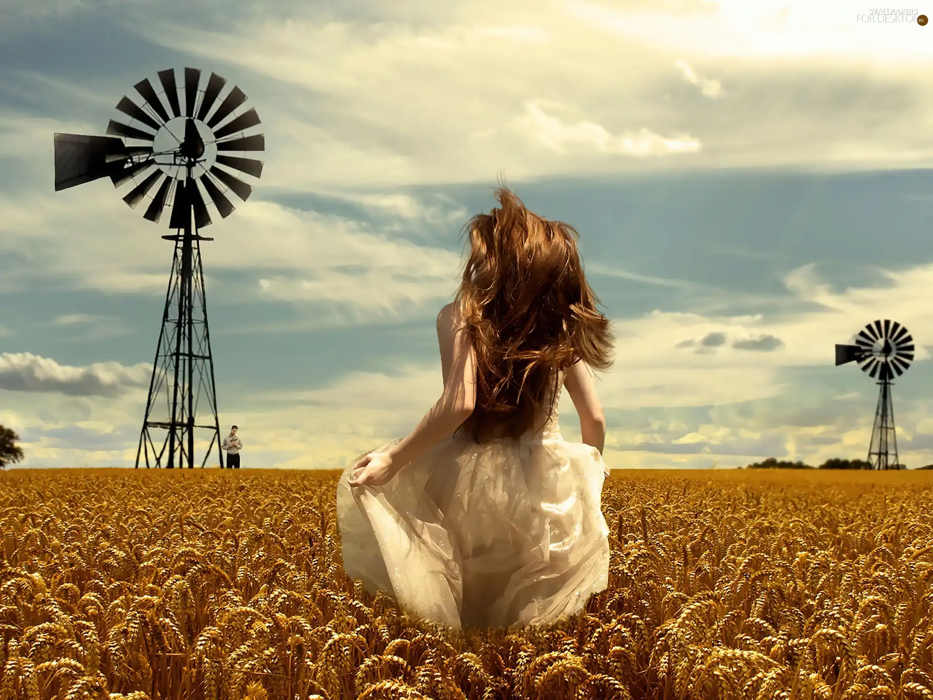 girl, wheat, Windmill, Hair