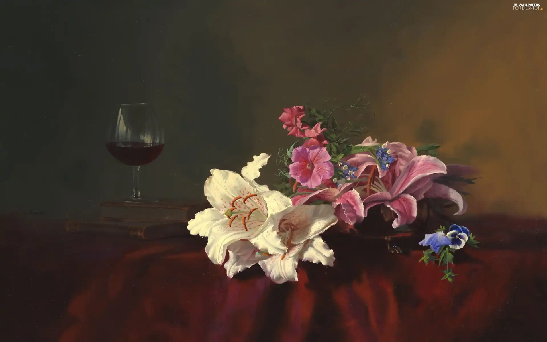 bouquet, wine glass, Wines, flowers