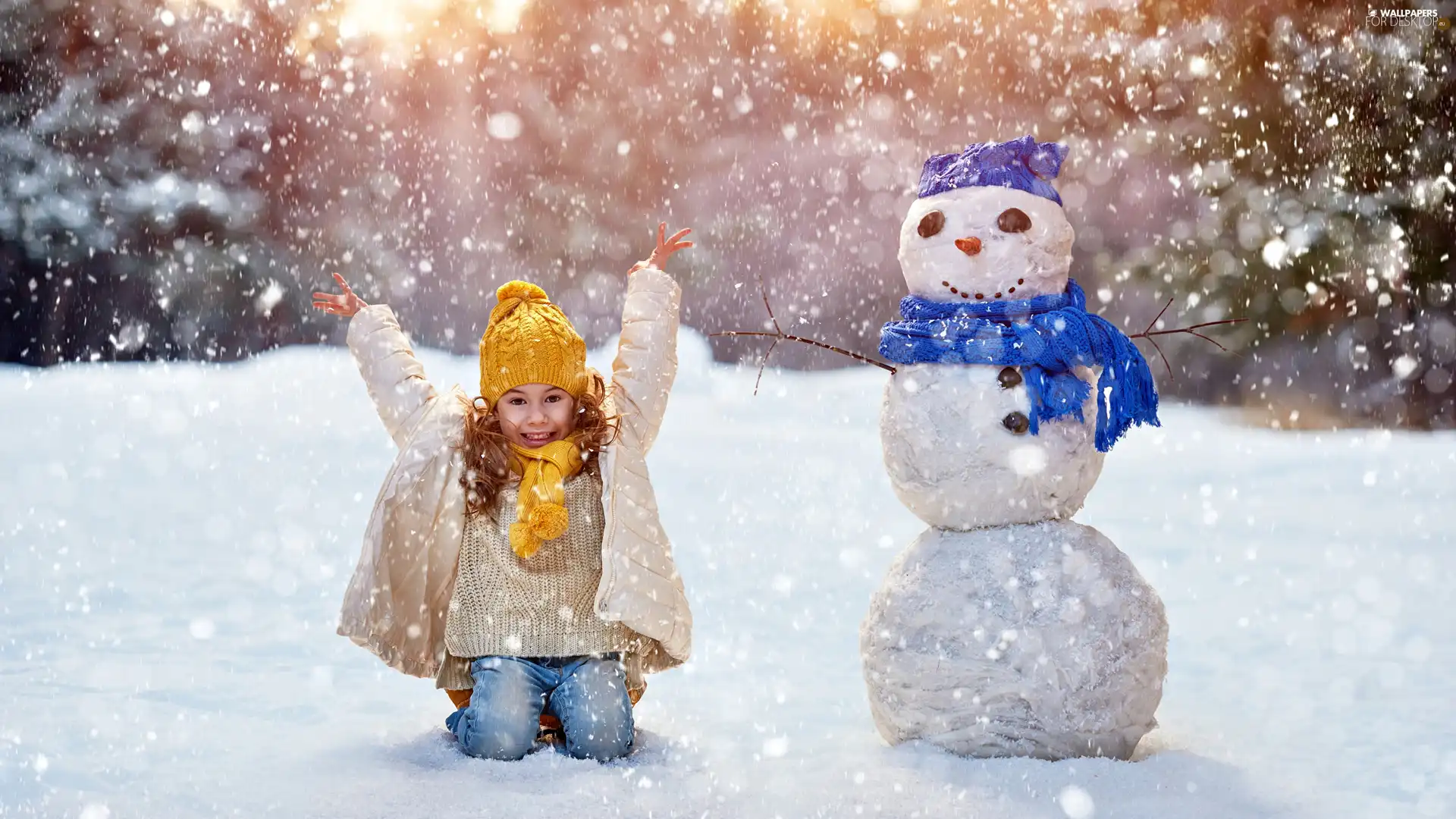 girl, Snowman, snow, winter