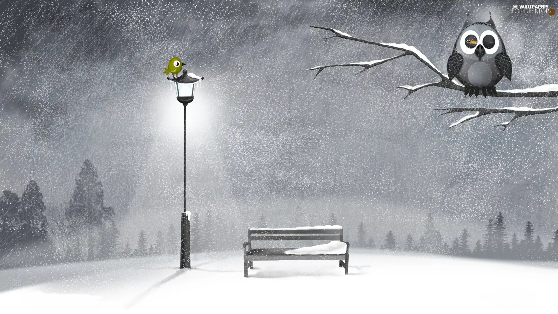 winter, graphics, Lighthouse, Bench, owl