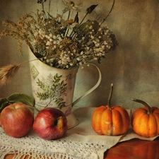 apples, pumpkin, dried, Flowers, pitcher