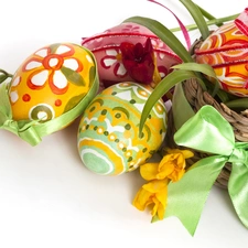 basket, ribbon, easter, Flowers, eggs