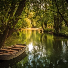 River, viewes, Boat, trees