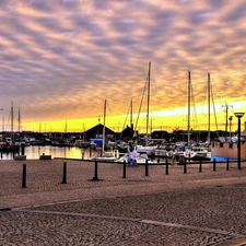 dawn, Harbour, Boats, clouds