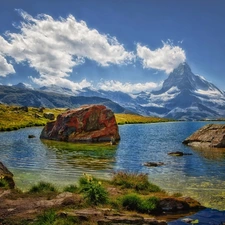 Matterhorn, Alps, boulders, VEGETATION, lake, mount
