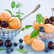 apricots, cherries, Bowls, blueberries
