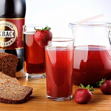 bread, drink, strawberry, dishes, juice