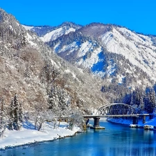 Mountains, River, bridge, winter