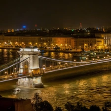 Town, Hungary, bridge, River, Night, Budapest