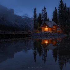 trees, Emerald Lake, bridge, Province of British Columbia, Mountains, Yoho National Park, house, Canada, viewes, forest