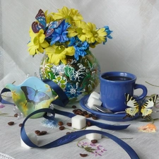 knuckle, vase, small bunch, marguerites, sugar, cup