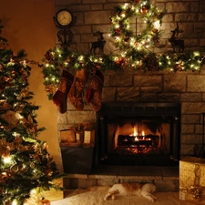 cat, christmas tree, Lights, socks, gifts, burner chimney