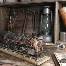 chisel, Lamp, Books, hammer, locomotive