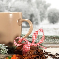 Cup, twig, cinnamon, snow, ribbon, Swierk
