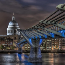 London, England, River, City at Night, Millenium Bridge