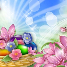 eggs, Easter, color, Flowers, basket, color