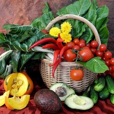 vegetables, basket, composition, Fruits