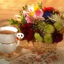 composition, basket, cup, Flowers