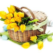 eggs, Easter, Tulips, basket, yellow