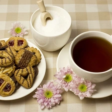 tea, sugar-bowl, Flowers, cookies