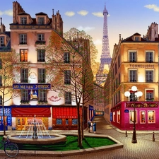 France, Paris, fountain, stores, Houses