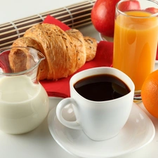breakfast, cup, milk, Juices, Fruits, coffee