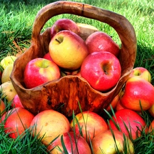 wooden, apples, grass, basket