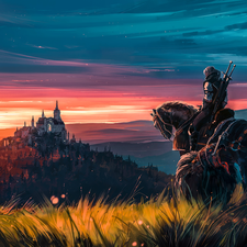 Castle, The Witcher, Horse, rider, graphics