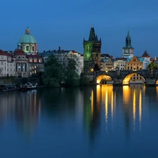 Houses, Czech Republic, Charles Bridge, evening, Vltava River, Prague