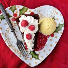 raspberries, cake, ice, plate, knob, cream