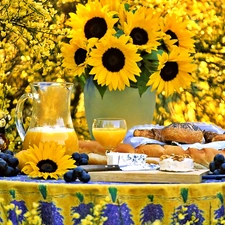 juice, Nice sunflowers, Laid, Table, cheese, Buns