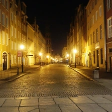 lanterns, Gdańsk, Night, apartment house, alley