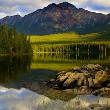 lake, Stones, Mountains, forest