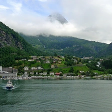 lake, Norway, Mountains, woods, Town, Geiranger