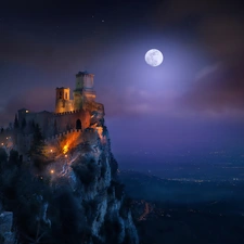 Castle, moon, Night, San Marino