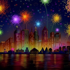 Night, fireworks, Town