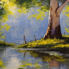 viewes, water, painting, paint, green, trees