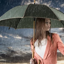 Beauty, umbrella, Rain, Women
