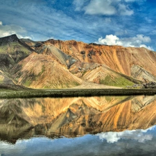 Mountains, lake, reflection, Meadow