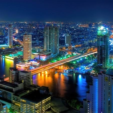 River, bridge, Town, night, Bangkok