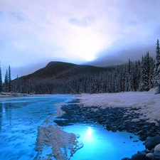 River, winter, Mountains