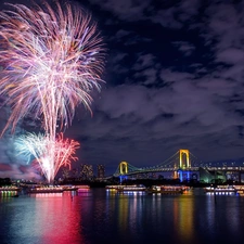town, bridge, panorama, fireworks, New Year
